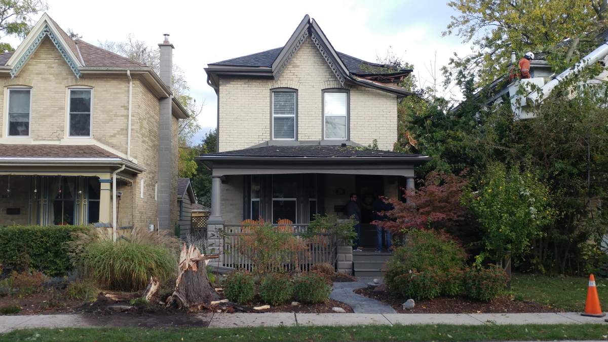 A home on Byron Avenue was damaged when gusting winds brought down a large maple tree.