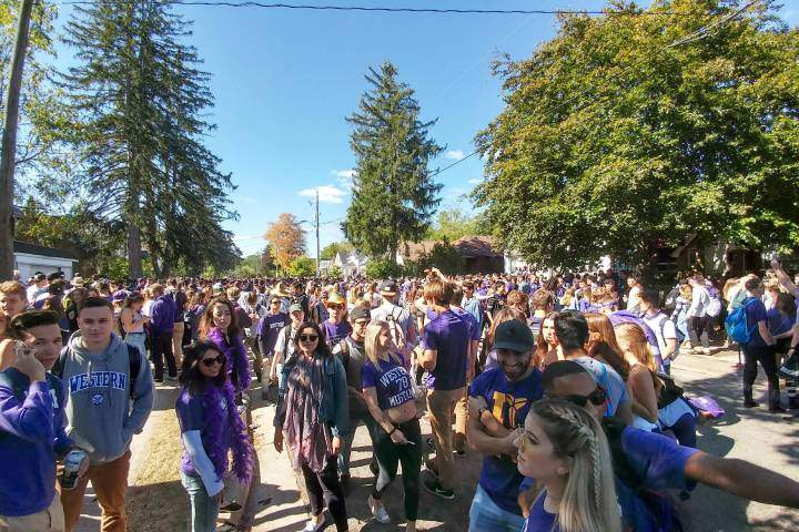 Thousands pack the street along Broughdale Avenue, just past Audrey Avenue to celebrate fake homecoming.