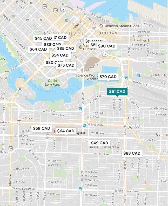 Listing of Airbnb rentals in the Vancouver area.