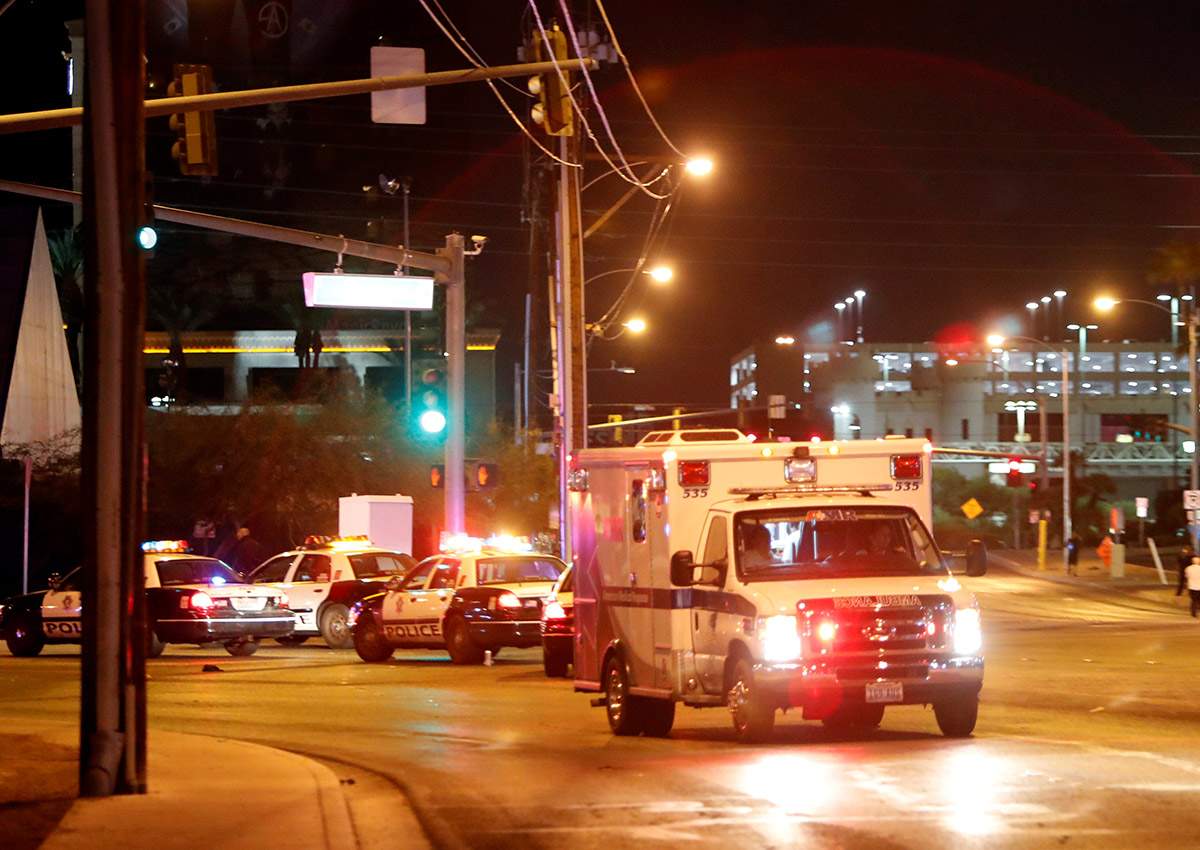 An ambulance leaves the concert venue after a mass shooting at a music festival on the Las Vegas Strip in Las Vegas, Nevada, U.S. October 1, 2017. 