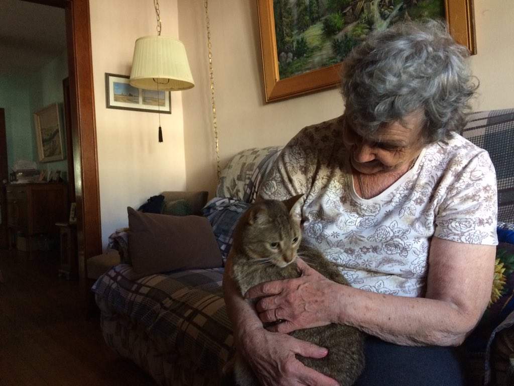Bess Srahulek sits with her cat, Thomas, as landscapers and volunteers start to arrive on her front lawn.