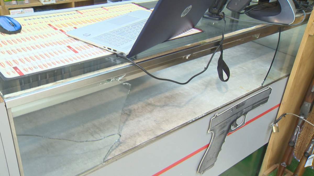 The store’s owner says it appears the suspects broke display cases with a sledgehammer during the robbery.