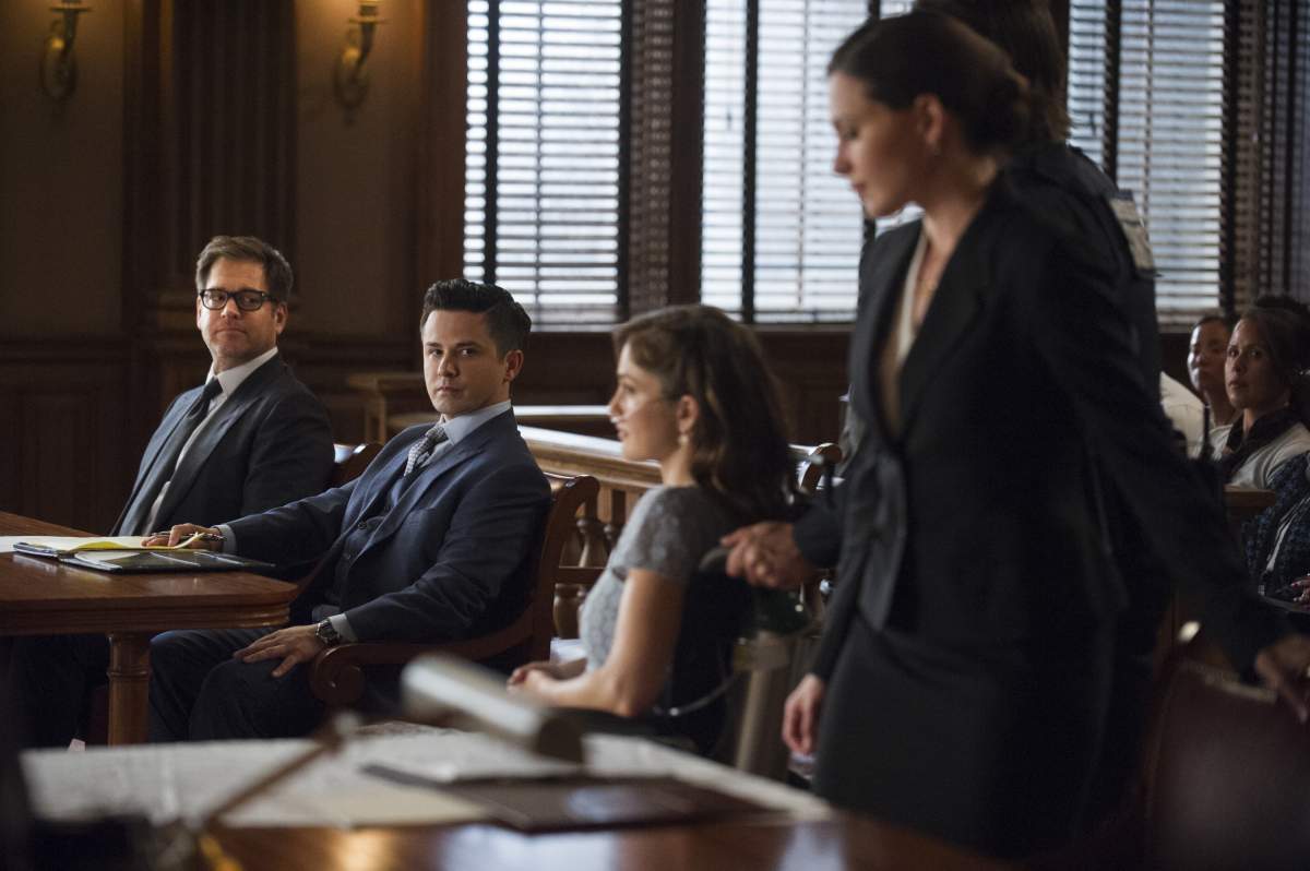 Pictured L-R: Michael Weatherly as Dr. Jason Bull, Freddy Rodriguez as Benny Colón, Minka Kelly as Kara Clayton, and Jill Flint as Diana Lindsay Photo: Jeffrey Neira/CBS©2017 CBS Broadcasting, Inc. All Rights Reserved