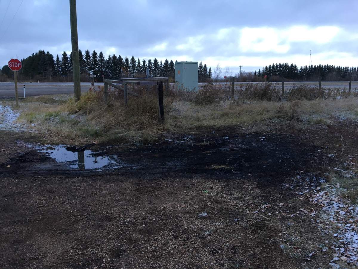 Burnt ground where a car was set on fire on Range Road 195, just south of Highway 16, near the Ukrainian Cultural Heritage Village. October 12, 2017.