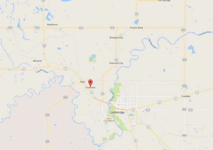 A map showing part of southern Alberta. The red mark indicates where Coalhurst is located.