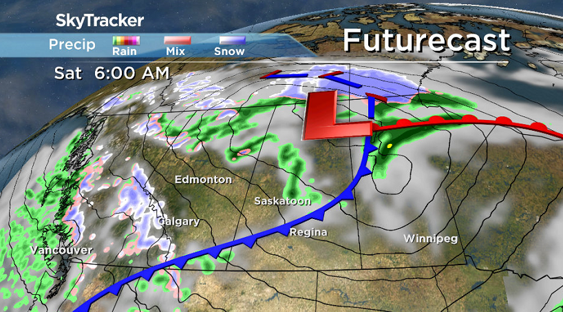 Cold front starts sliding through central Saskatchewan early Saturday.