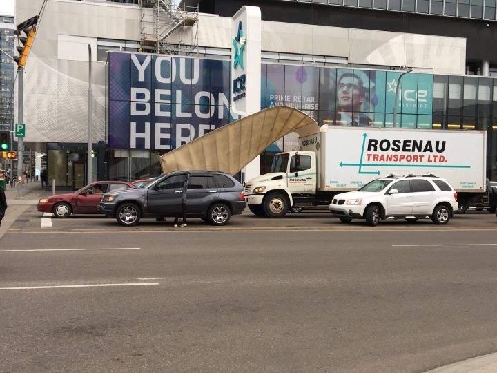 Strong wind gusts ripped the roof off a semi-truck in downtown Edmonton Wednesday, Oct. 25, 2017.