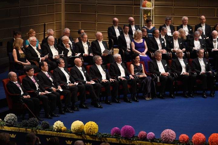 The laureates of the Nobel Prize 2014 seen on stage at the Nobel Prize Awards Ceremony at Concert Hall  on Dec. 10, 2014 in Stockholm, Sweden.  
