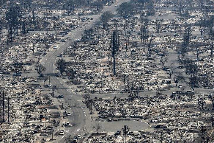 An aerial view of homes that were destroyed by the Tubbs Fire on Oct. 11, 2017, in Santa Rosa, Calif.