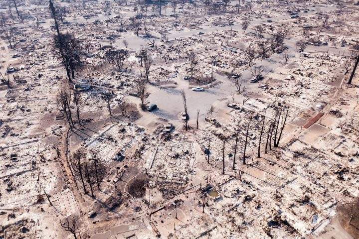 Fire damage is seen from the air in the Coffey Park neighbourhood on Oct. 11, 2017, in Santa Rosa, Calif.