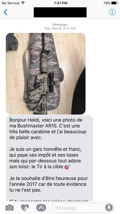 A text message received by Poly Se Souvient co-founder Heidi Rathjen in 2016.