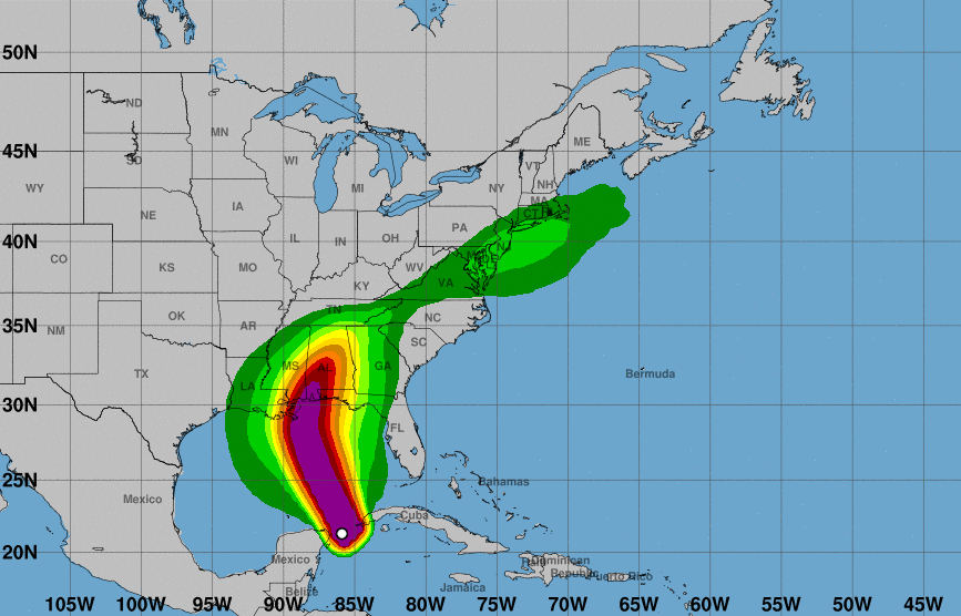 A map that shows the trajectory of winds associated with Hurricane Nate on Oct. 6, 2017.