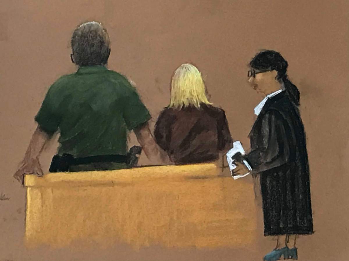 A court sketch of SQ officer Jacques Lafrance, a crime scene technician with Quebec’s provincial police, during the first day of the Lac-Mégantic trial, Monday, Oct. 2, 2017.