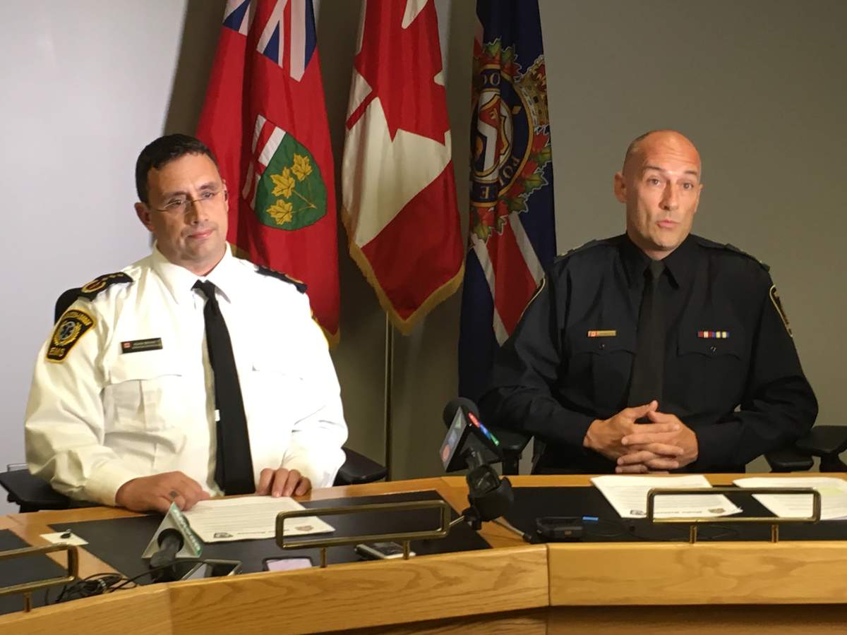 Adam Bennett (left) Operations Superintendent of Middlesex-London EMS and Daryl Longworth (right), Deputy Chief of Operations of the LPS express their concern with unsanctioned events such as FOCO in London.