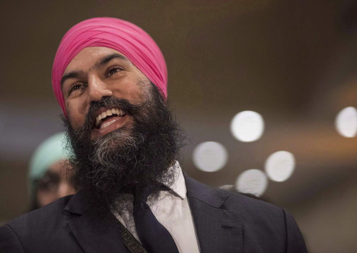 Jagmeet Singh listens to a speech before the announcement he won the first ballot in the NDP leadership race to be elected the leader of the federal New Democrats in Toronto on Sunday, October 1, 2017.