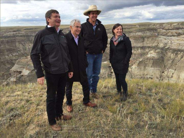 Alberta Agriculture Minister Oneil Carlier tweeted this photo taken in September 2016 near Medicine Hat, remembering a meeting with Hargrave: (left to right) Carlier, Speaker of the House Bob Wanner, firefighter James Hargrave and Environment Minister Shannon Phillips.