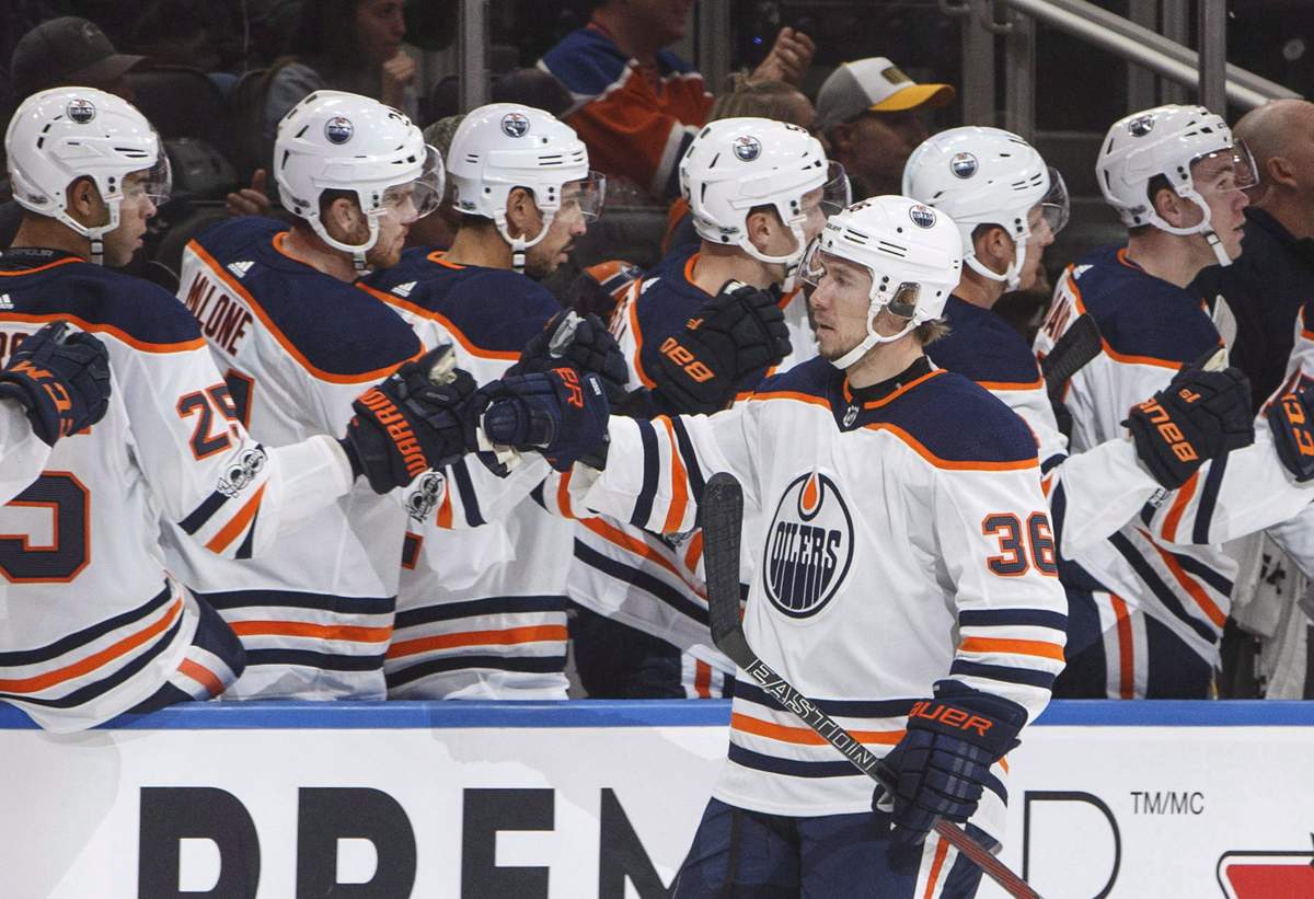 Edmonton Oilers' Jussi Jokinen (36) celebrate a goal against the Winnipeg Jets during first period pre-season NHL action in Edmonton, Alta., on Saturday September 23, 2017. 