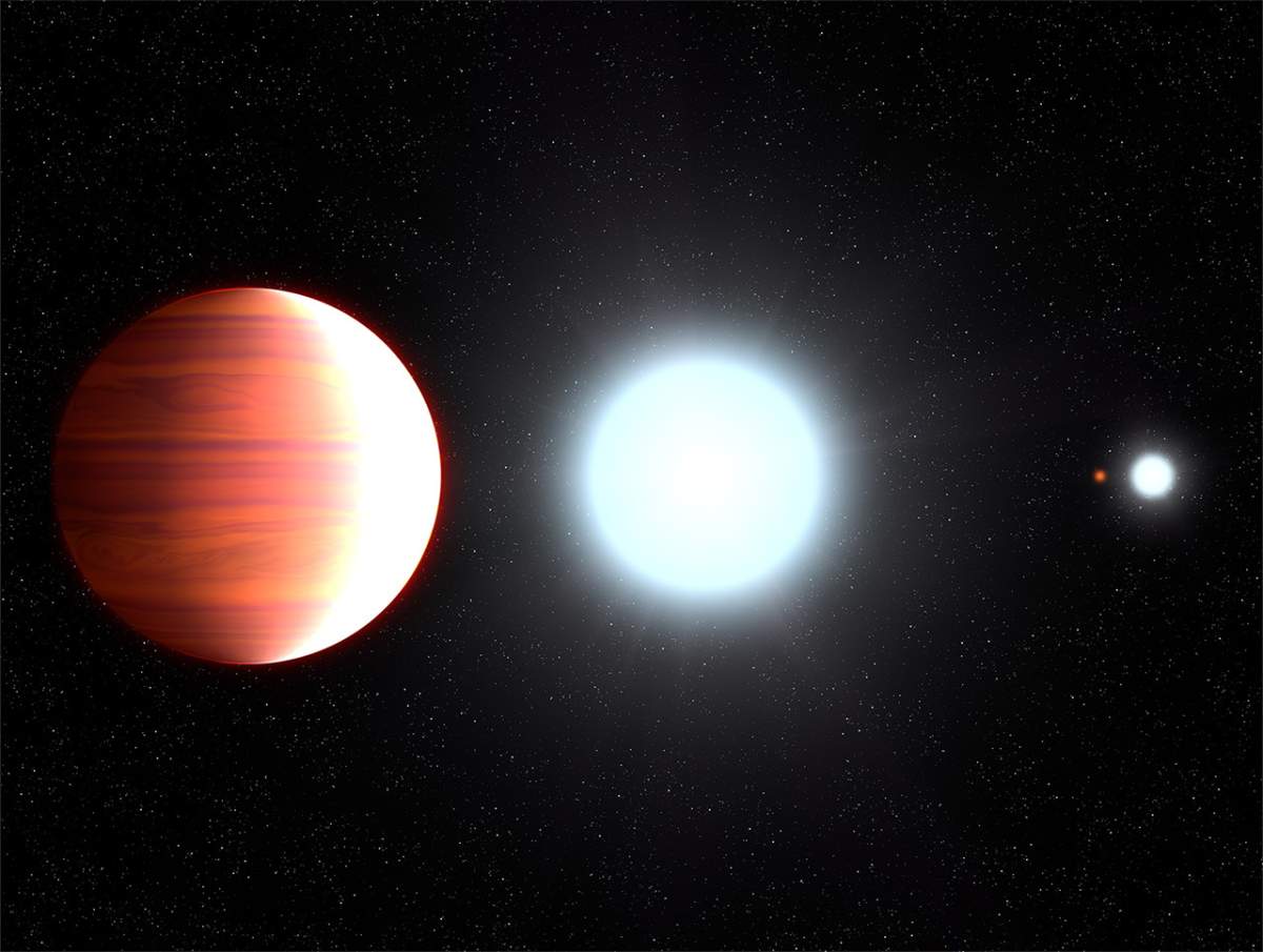 This illustration shows the seething hot planet Kepler-13Ab circling very close to its host star. 