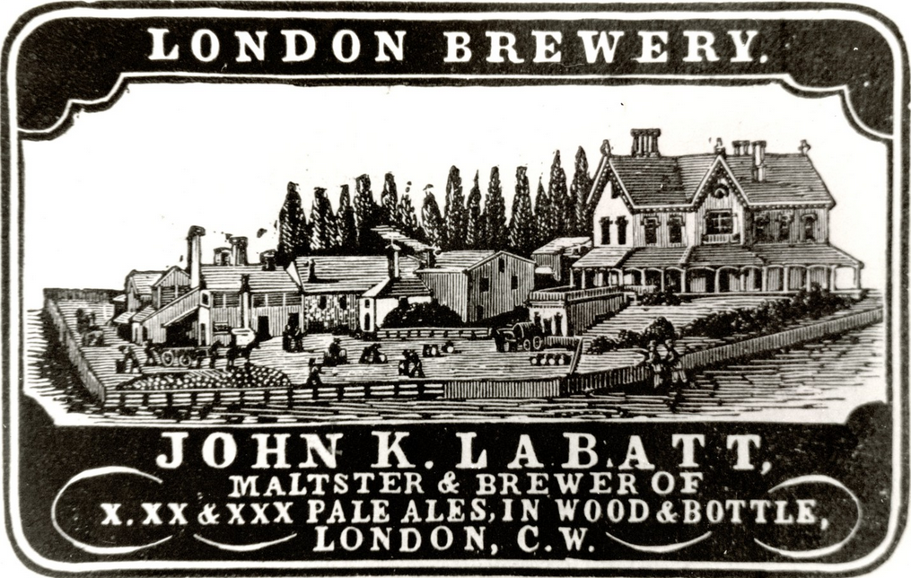 Early Labatt advertisements feature engravings of the London Brewery.