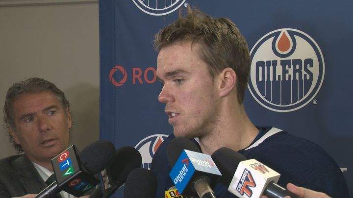 Oilers captain Connor McDavid speaks to reporters on Oct. 2, 2017.