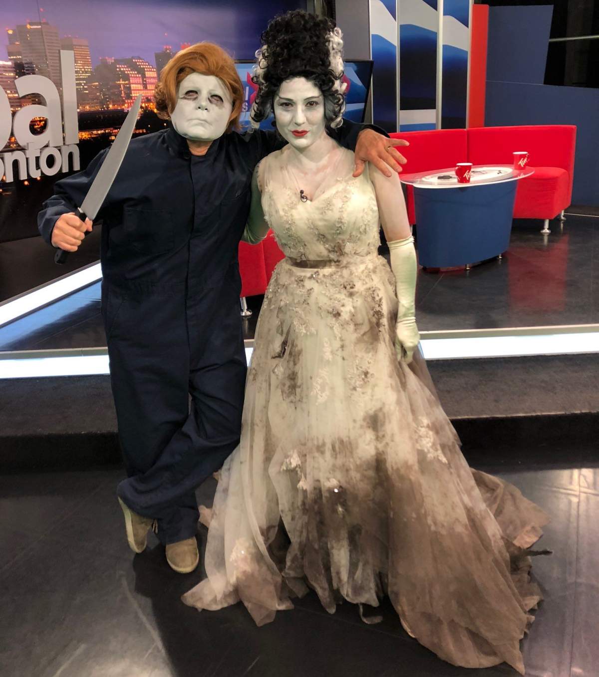 Mike Sobel as Halloween series character Michael Myers and Daintre Christensen as bride of Frankenstein for Halloween 2018.