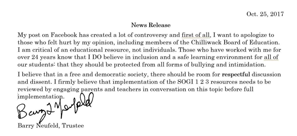 Chilliwack school trustee apologizes for gender identity rant on Facebook - image
