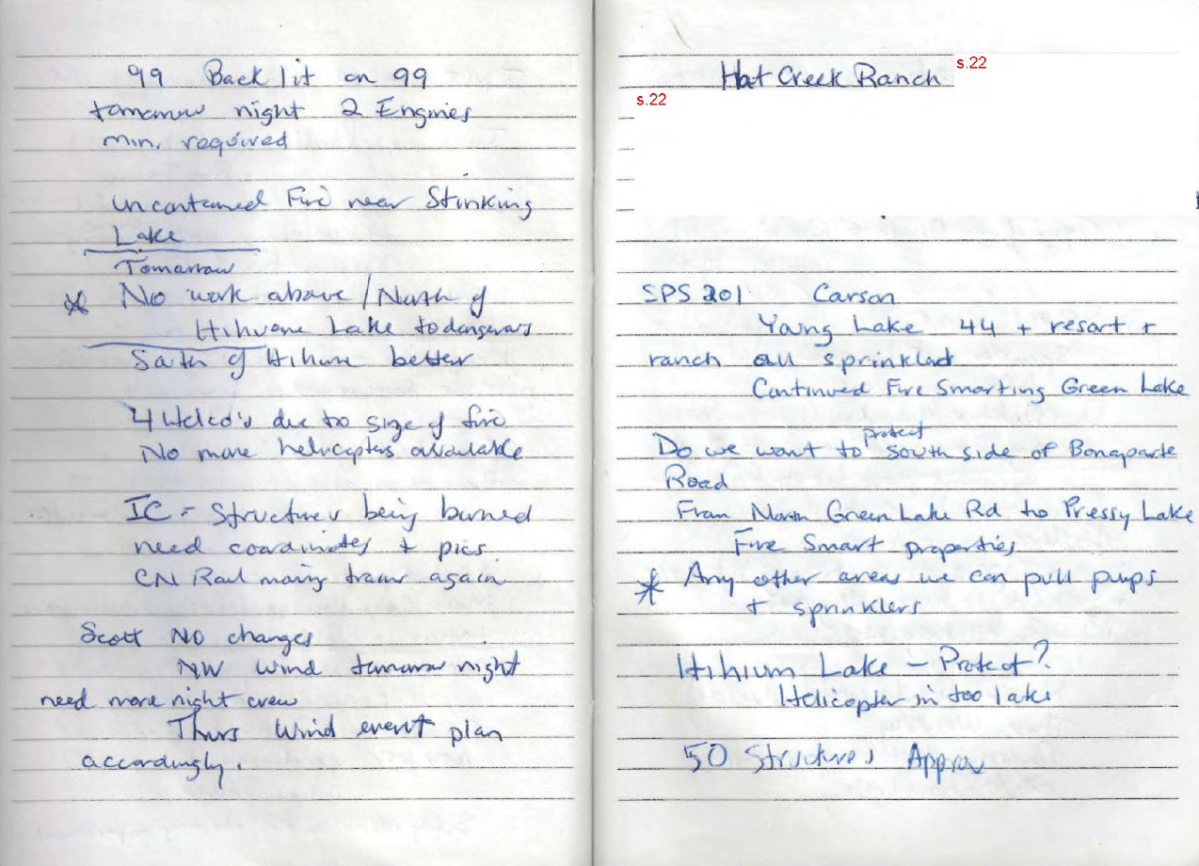A notebook in which an incident commander asks, \”Do we want to protect south side of Boneaparte Road from North Green Lake Road to Pressy Lake.\”