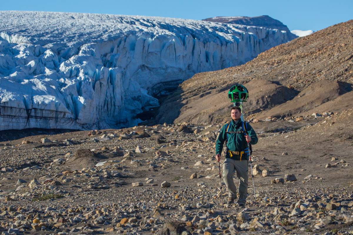 Parks Canada staff member hikes near Air Force Glacier with the Google Trekker.
