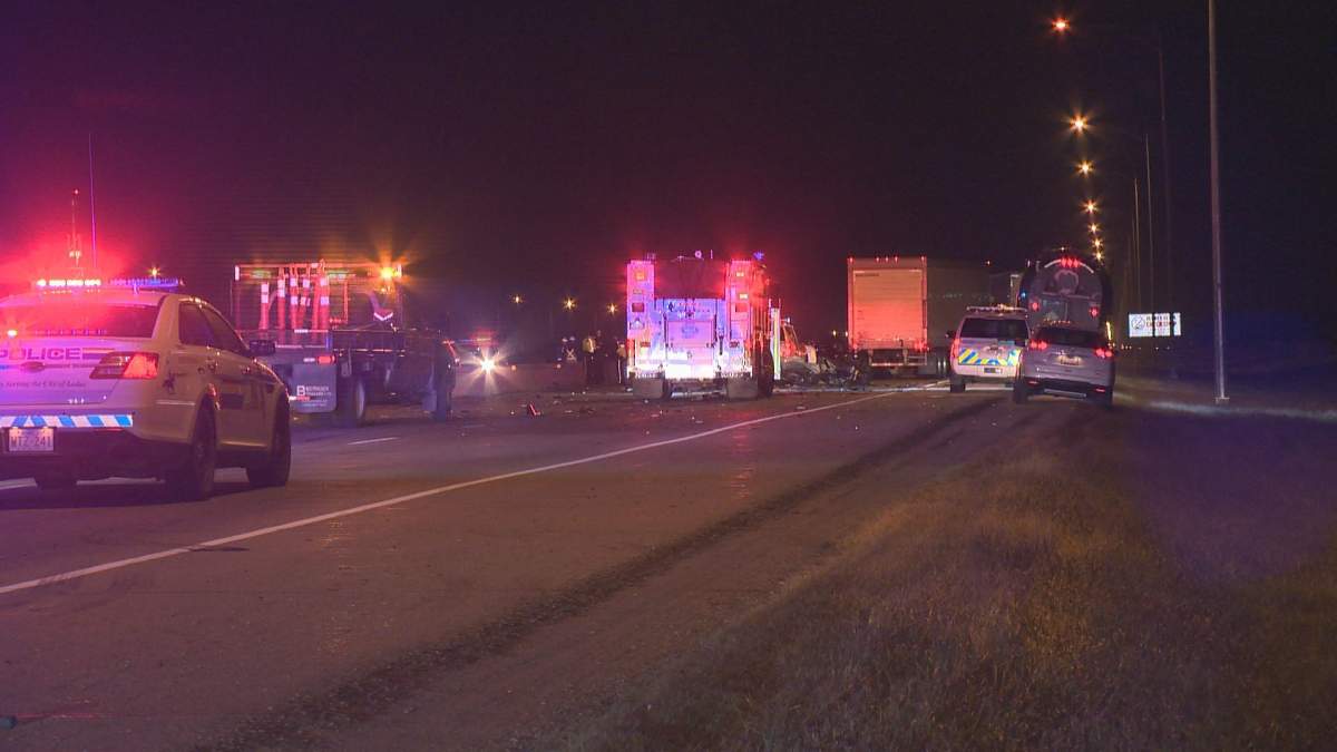 A serious, two-vehicle collision happened late Monday night on Highway 2, about one kilometre south of 41 Avenue SW, in Leduc County. RCMP and Edmonton police both responded. October 23, 2017.