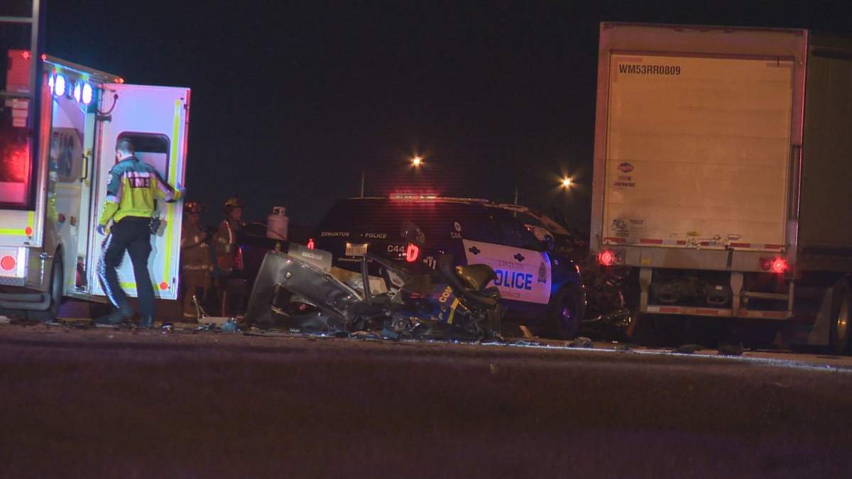 A serious, two-vehicle collision happened late Monday night on Highway 2, about one kilometre south of 41 Avenue SW, in Leduc County. RCMP and Edmonton police both responded. October 23, 2017.