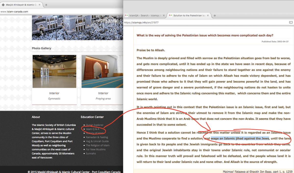 Screen grab from the Islamic Society of B.C. website, and the linked site Islamqa.info. The link has now been removed.