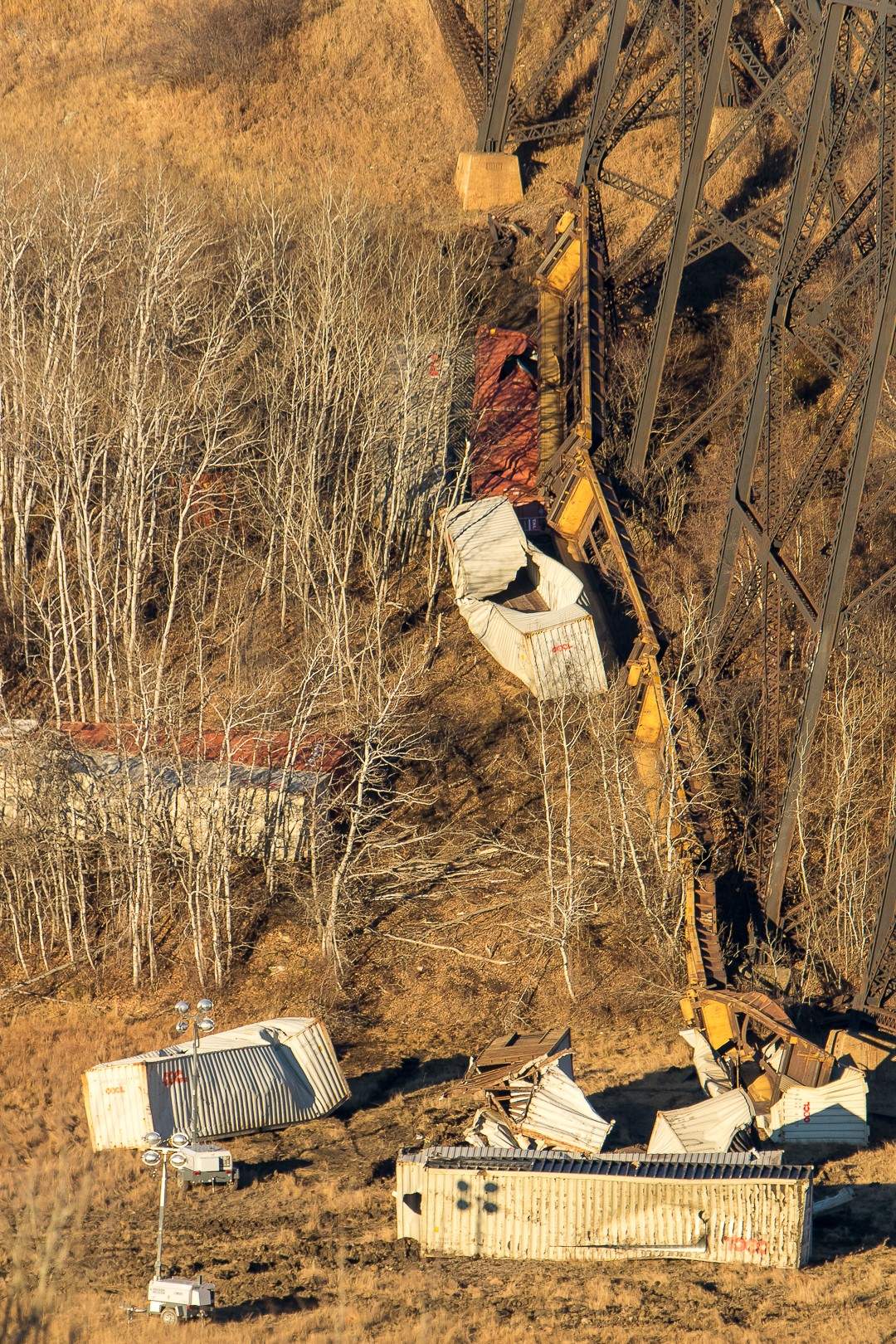 13 train cars derailed on CN Rail’s Fabyan trestle bridge near Wainwright, Alta. on Tuesday, October 17, 2017.
