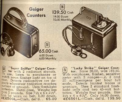 Geiger counters for measuring home radioactivity levels were available to Canadians at the beginning of the Cold War in the Simpsons-Sears Spring-Summer Catalogue, 1954.
