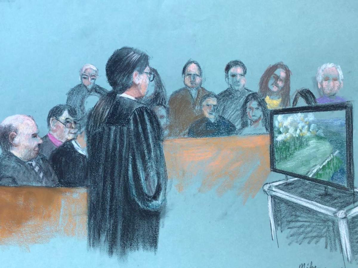 A court sketch of Crown Prosecutor Véronique Beauchamp giving her opening statements on the first day of the criminal negligence trial for the Lac-Mégantic train disaster, Mon. Oct. 2, 2017.
