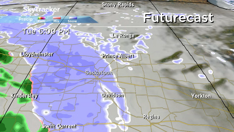 Snow slides into the Saskatoon area just as trick-or-treaters head out Halloween night.