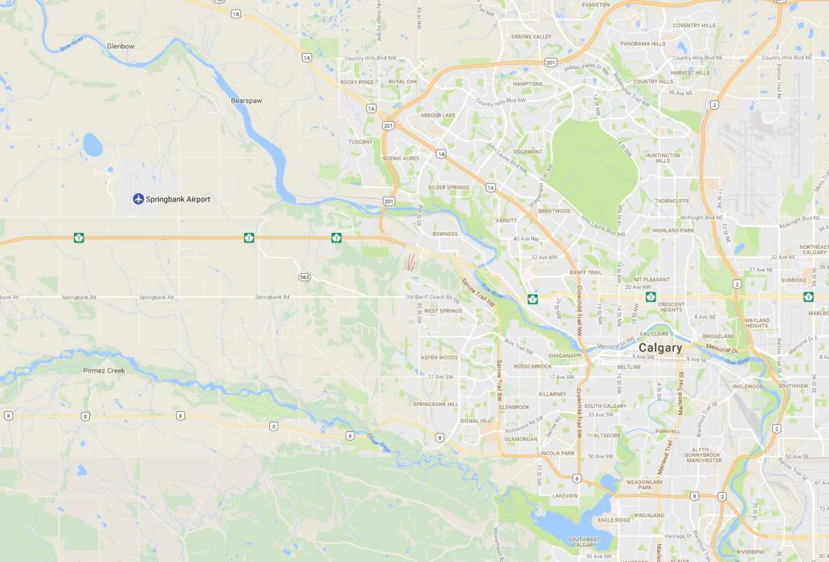 A map showing the location of Springbank Airport, west of Calgary.