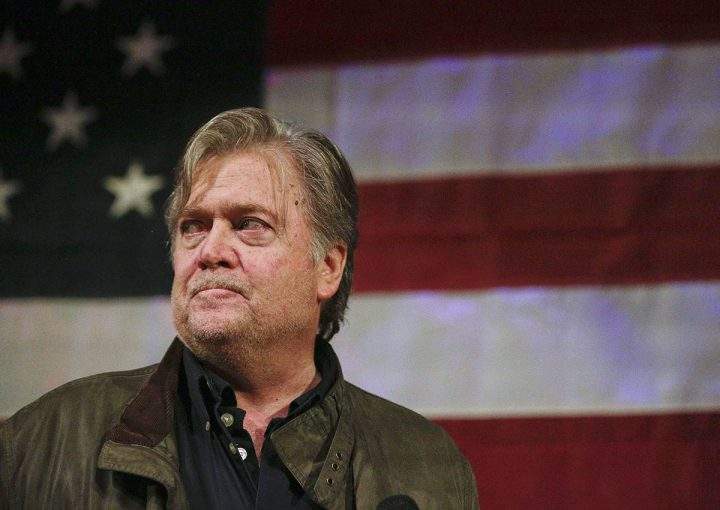Former White House strategist Steve Bannon speaks at a rally for U.S. Senate hopeful Roy Moore, Monday, Sept. 25, 2017, in Fairhope, Ala.