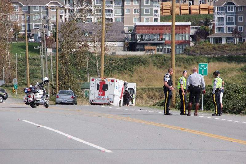 Surrey RCMP investigate the scene of a hit-and-run involving a cyclist in the 16000 block of 64th Avenue Monday morning.
