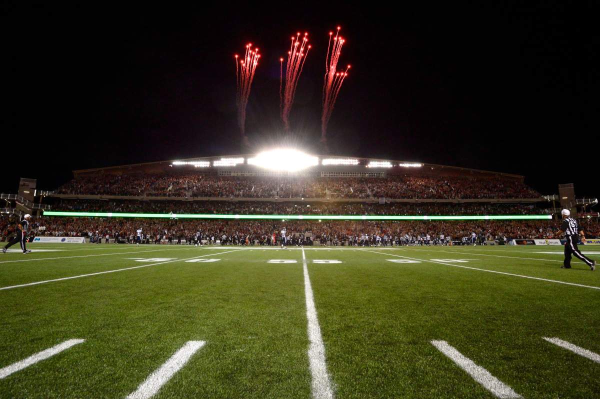 Fireworks explode over TD Place following the end of the CFL match at TD Place in Ottawa on Friday, July 18, 2014. The Grey Cup is still a month away but organizers say the game is sold out. 