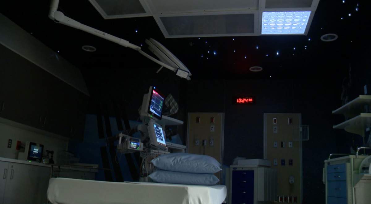 The twinkling lights that adorn the ceiling of this room are designed to accurately portray the night sky over Vancouver.