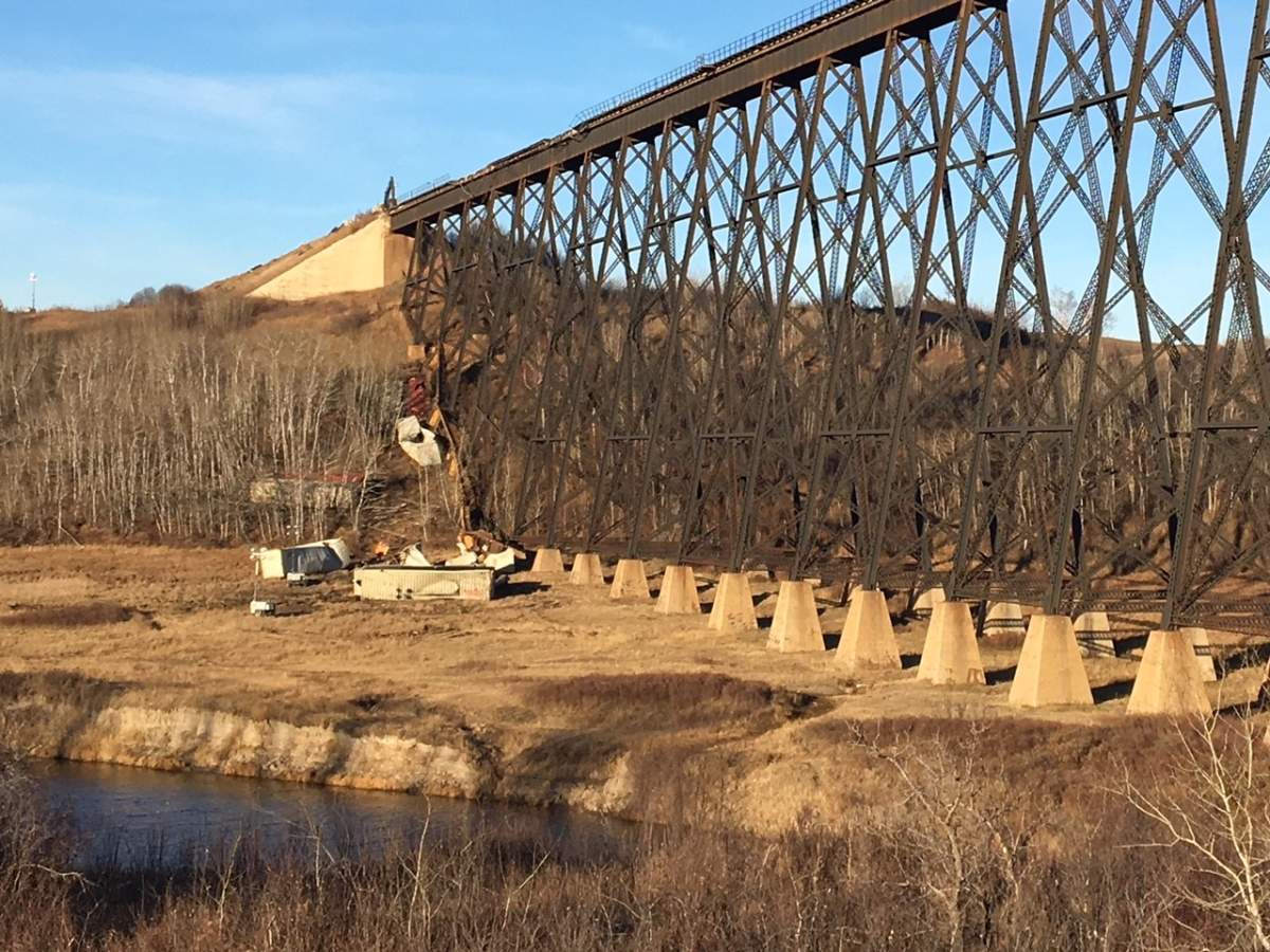 13 train cars derailed on CN Rail’s Fabyan trestle bridge near Wainwright, Alta. on Tuesday, October 17, 2017.