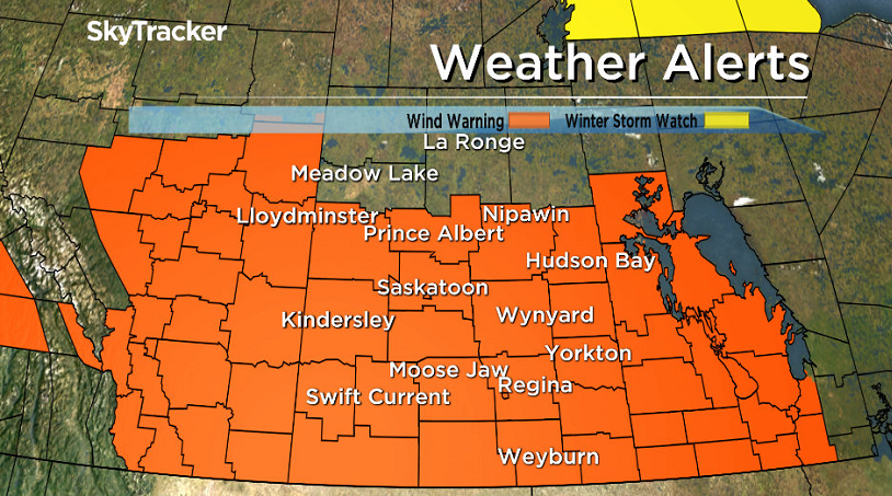 Environment Canada has issued a wind warning for Saskatoon, central and southern Saskatchewan on Tuesday, October 17, 2017.