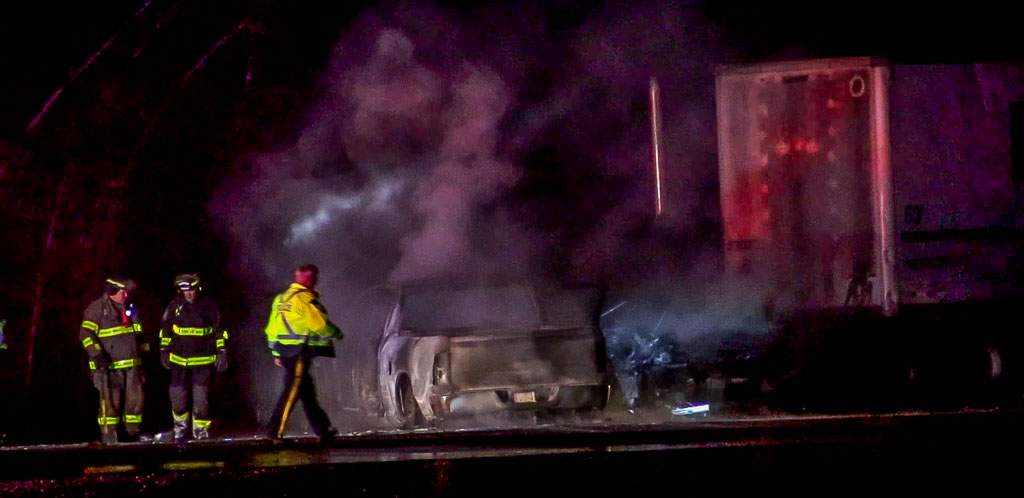 RCMP say a pickup truck was travelling the wrong way on the highway near Havelock, N.B. on Tuesday night when it was involved in a head-on collision with a transport truck.