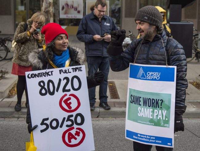 Striking college faculty rally in Toronto, Oct. 25, 2017.