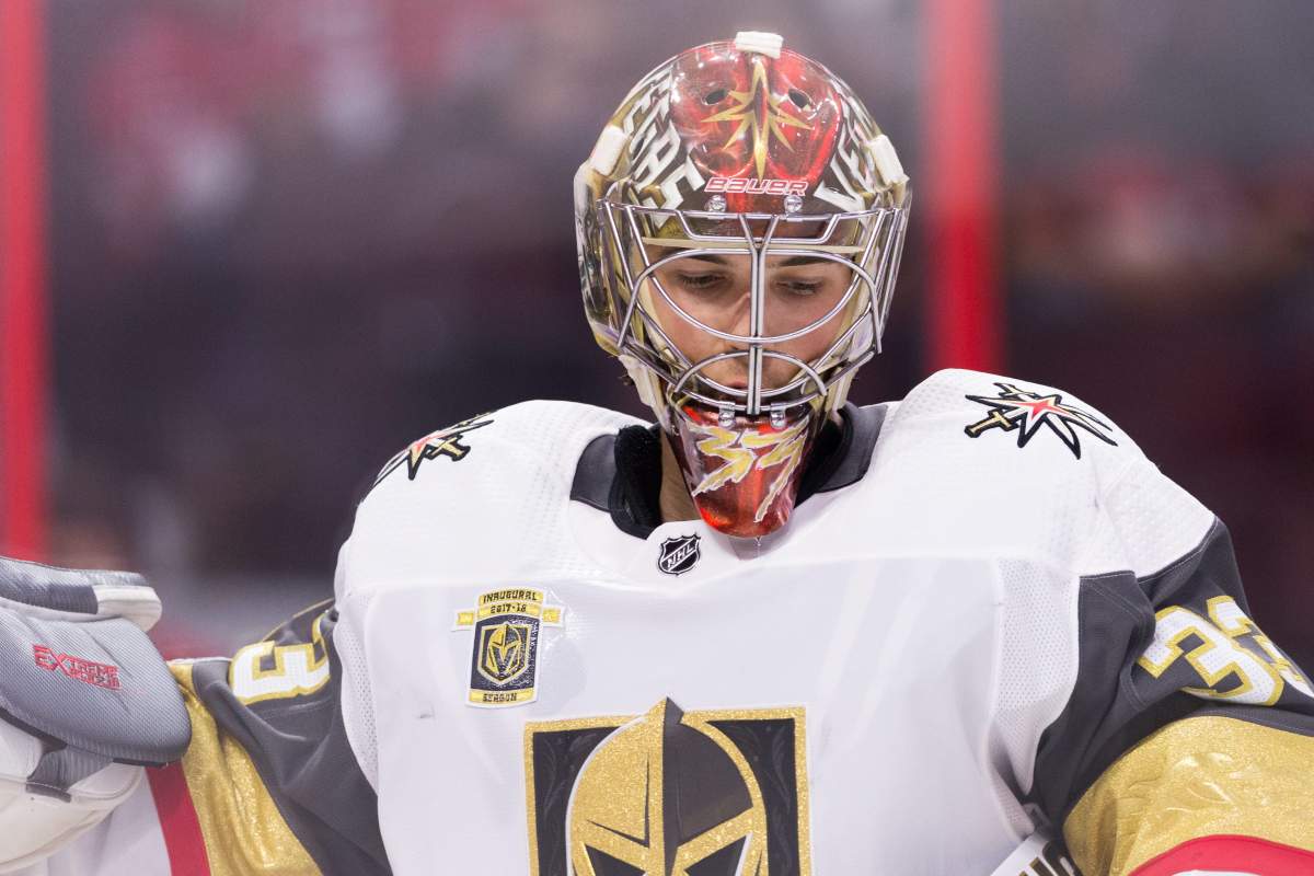 Mandatory Credit: Photo by Daniel Lea/CSM/REX/Shutterstock (9189342q)
Vegas Golden Knights goalie Maxime Lagace (33) during the NHL game between Vegas Golden Knights and Ottawa Senators at Canadian Tire Centre in Ottawa, Canada. Vegas Golden Knights won by a score of 5-4
NHL Golden Knights vs Senators, Ottawa, USA - 04 Nov 2017.