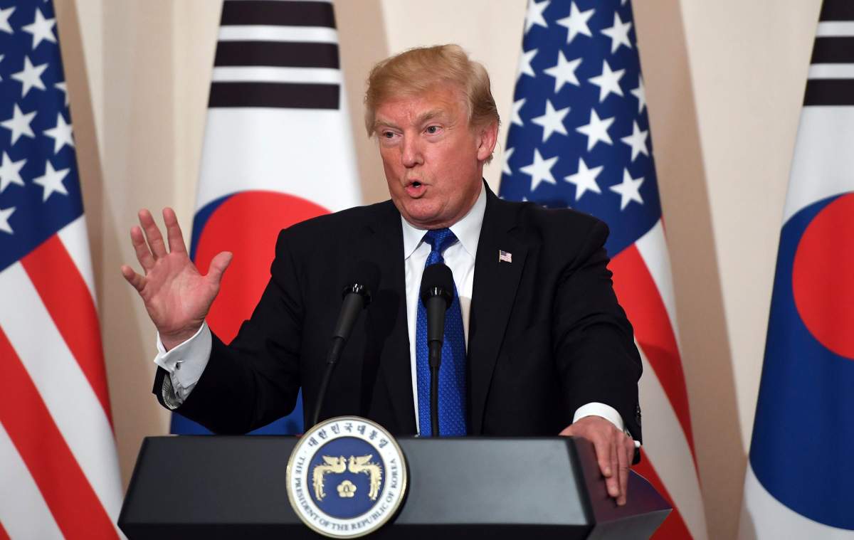 U.S. President Donald Trump speaks during a joint press conference with South Korean President Moon Jae-In at the presidential Blue House in Seoul, South Korea.