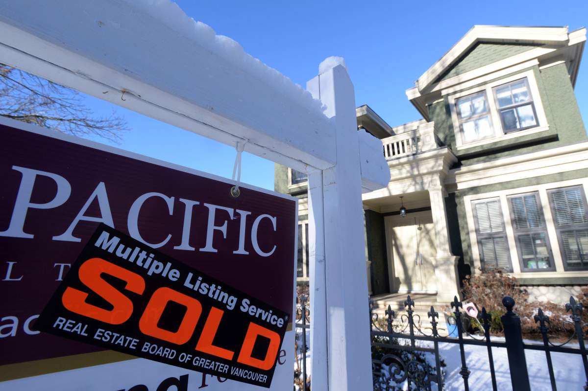 A real estate sold sign is shown outside a house in Vancouver, Tuesday, Jan. 3, 2017. 