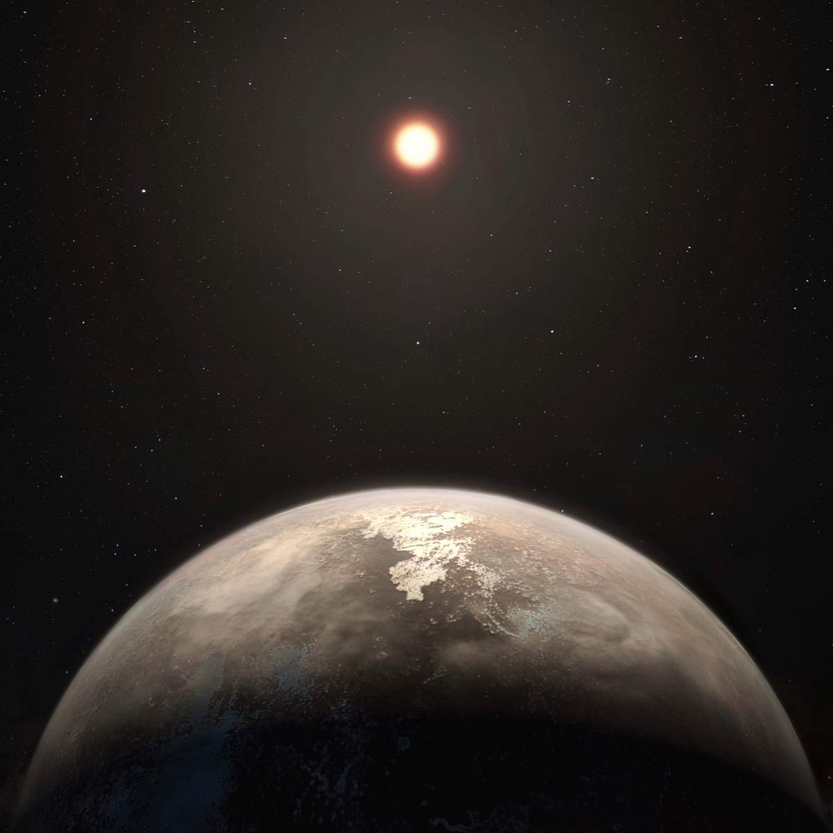 This illustration made available by the European Southern Observatory on Wednesday, Nov. 15, 2017 shows the planet Ross 128 b, foreground, which orbits a red dwarf star, 11 light-years from Earth. 