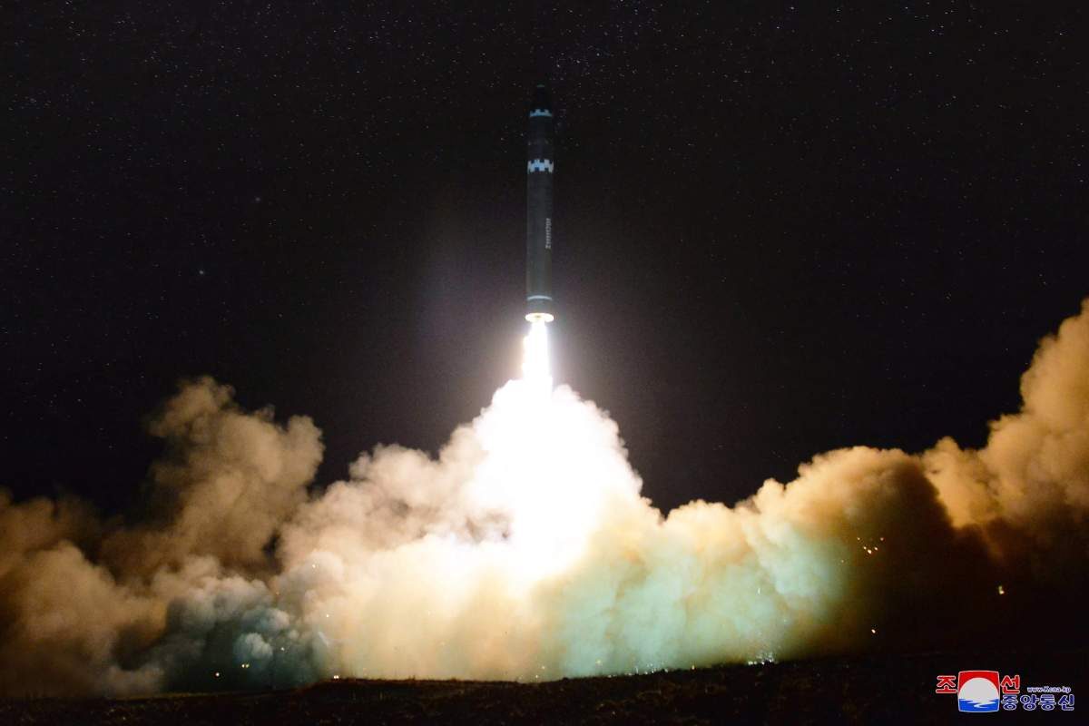 The launch of the newly developed inter-continental ballistic missile Hwasong-15 from an undisclosed location in North Korea, .