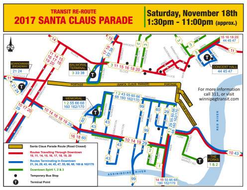 Winnipeg Transit said several bus routes will be detoured Saturday due to the parade.